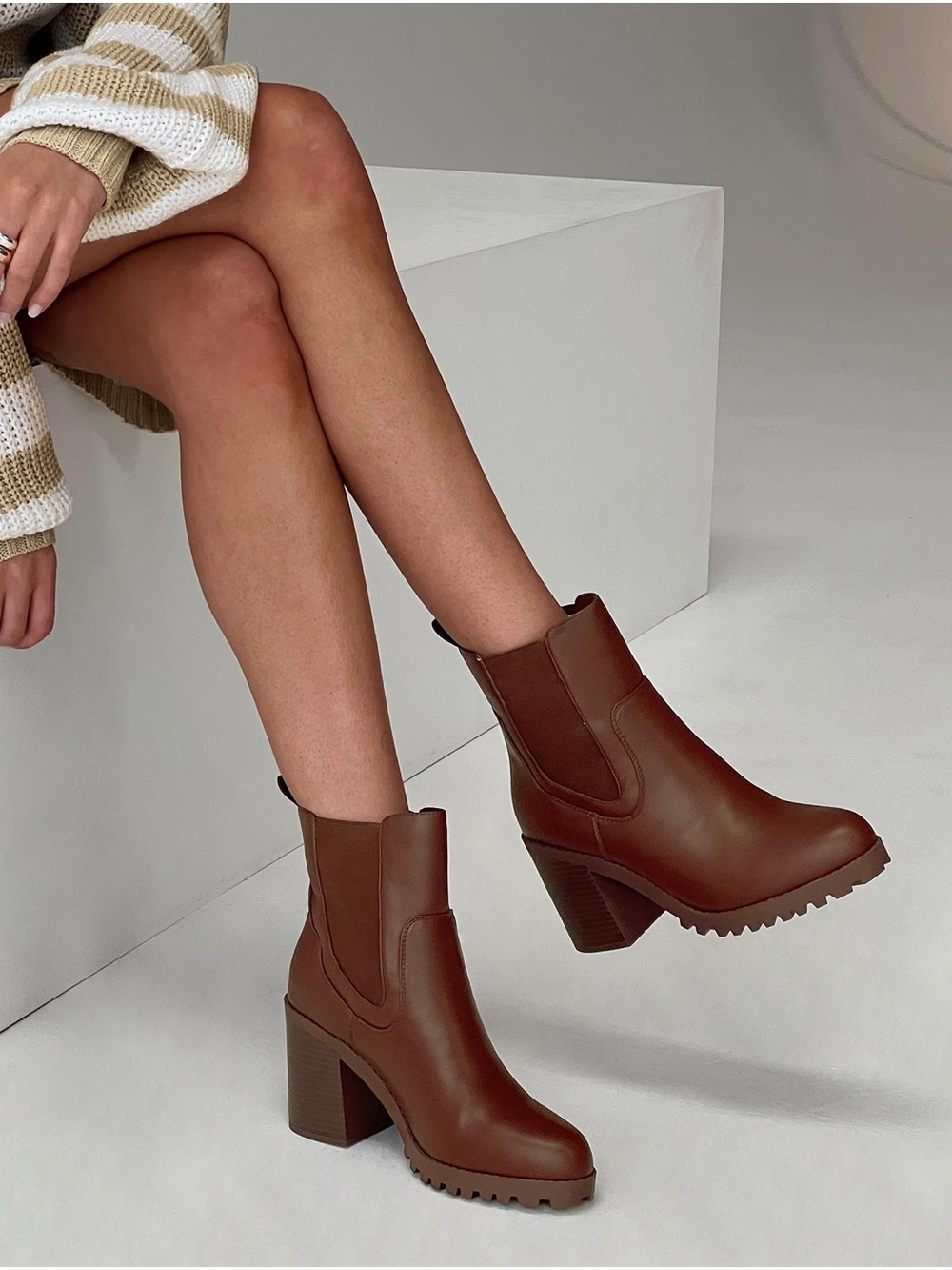 Princess polly brown leather ankle heeled booties